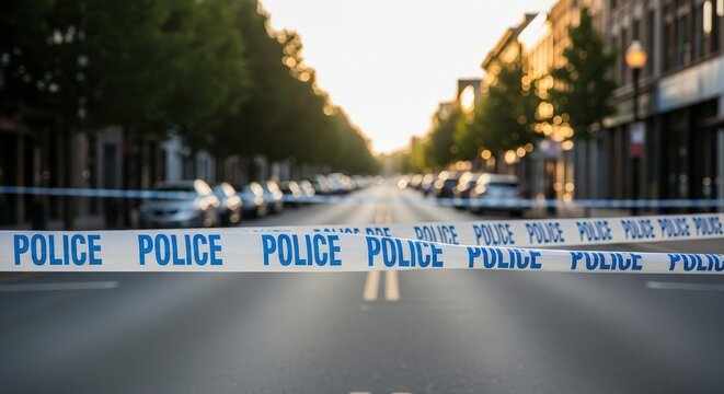 Police tape blocking a city street. Crime scene barrier or closed road for security purposes. Urban area under investigation