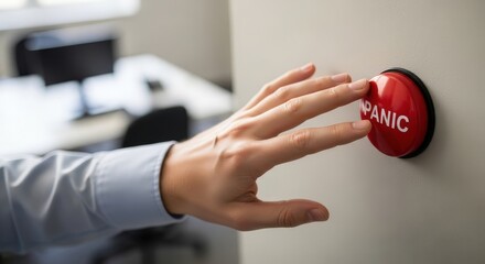 Man hand pressing red panic button during crisis. 緊急事態の警告. Business emergency situation and solution concept for problem