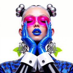 Futuristic Cyberpunk Woman in High-Fashion Latex Outfit with Pink Visor and Blue Lips