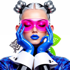 Futuristic Cyberpunk Woman in High-Fashion Latex Outfit with Pink Visor and Blue Lips