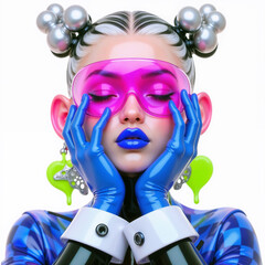 Futuristic Cyberpunk Woman in High-Fashion Latex Outfit with Pink Visor and Blue Lips