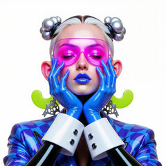 Futuristic Cyberpunk Woman in High-Fashion Latex Outfit with Pink Visor and Blue Lips