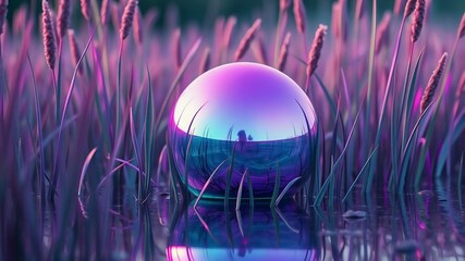 Reflective Sphere in Neon Grass Tunnel Fantasy