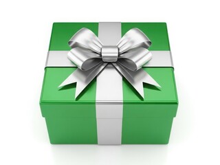 Elegant green gift box with silver ribbon bow isolated on white background