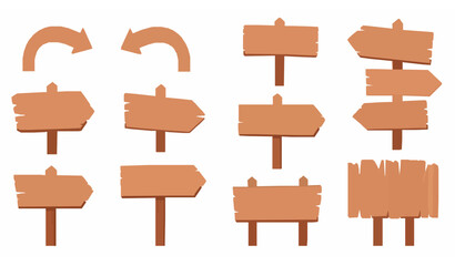 Cartoon flat wooden direction sign and arrow vector assets with blank boards for mobile games © Mdjillur
