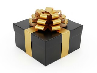 Elegant black gift box with golden ribbon bow isolated on white background