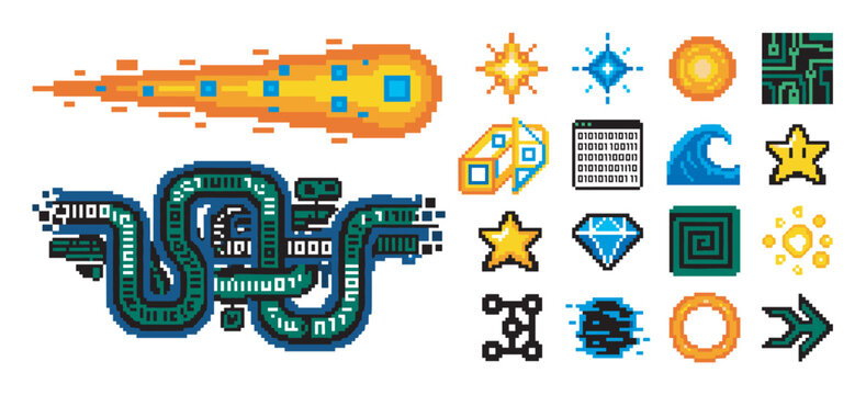 Collection of colorful pixel art icons and assets for retro video games, featuring a fireball, circuit snake, star, diamond, and other 8-bit elements for a nostalgic arcade design