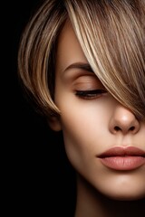 Fototapeta premium Woman with short hair looking down in dark setting