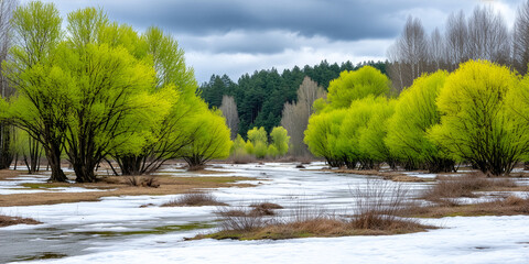 Landscape with melting spring snow and budding trees