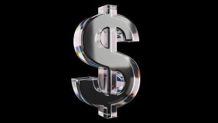 Glass dollar sign with iridescent reflections on a black background