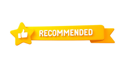 a yellow ribbon with the word recommended and a thumbs up icon on black background