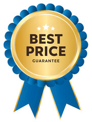 a golden badge with the words best price guarantee and blue ribbons underneath