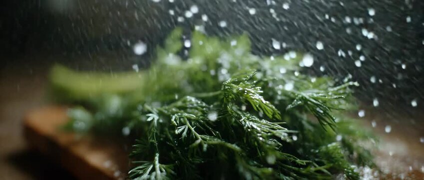 A vibrant bunch of dill is showered with cooling water droplets.
