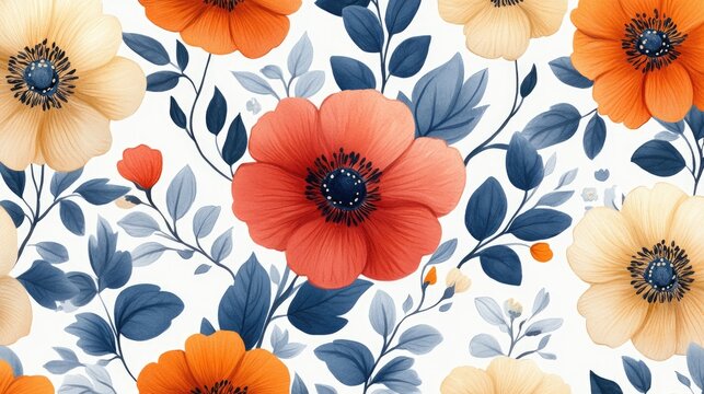 Seamless pattern with cute flowers and leaves. repeating pattern for nursery decor.