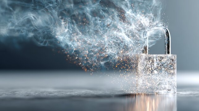 Digital padlock dissolving into glowing particles and smoke, visualizing data security, cyber protection, encryption, privacy, and digital transformation concepts - Powered by Adobe