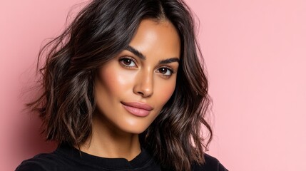 Fototapeta premium Model poses with soft expression against pink background