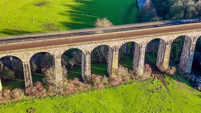 A close up rotating aerial view of the Chirk viaduct in Wrexham, Wales