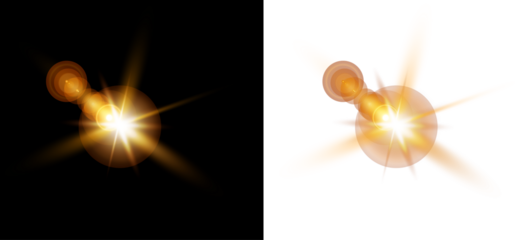 Golden lens flare overlay with starburst effect and soft circular light artifacts isolated on transparent and black background