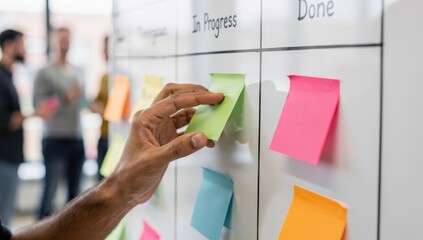 Agile Team Moving Sticky Notes on Physical Kanban Board. Represents project management, agile workflow, and collaboration.