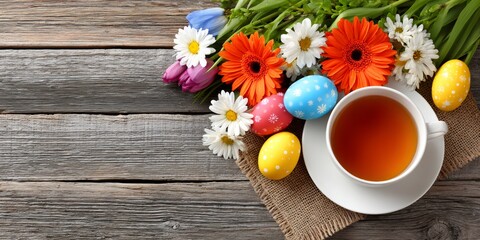 Easter tea celebrating spring with colored eggs and flowers