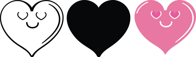 Three cartoon hearts one outlined one black and one pink with faces love emotion