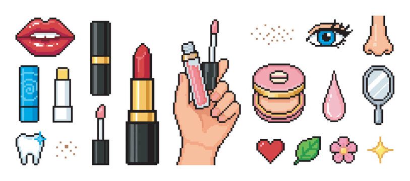 Set of pixel art beauty icons featuring lipstick, lip gloss, powder, and other cosmetic elements in a retro 8-bit video game style collection for beauty concepts