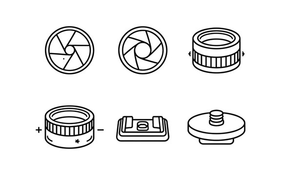 Collection of camera lens parts and accessories in a clean line art style