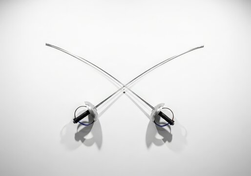 Two crossed fencing foils on a light surface. Sport competition and athletic concept for fencer training or martial arts club