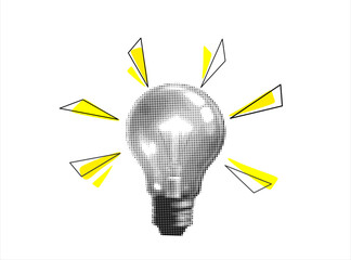 Trendy retro light bulb collage element. Concept of creative idea or brainstorm. Contemporary vector illustration	