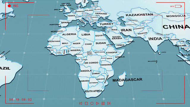 A stylized political world map focused on Africa, includes surrounding regions such as Europe, the Middle East, and Asia. A red camera recording (REC) interface overlay with frame markers, Africa map
