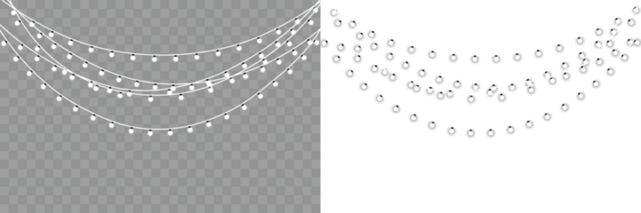 Glowing Christmas garland light with white illumination and gold accents. Perfect for festive holiday decoration, winter banners and decorative vector compositions. Glowing with sparkling LED lights.