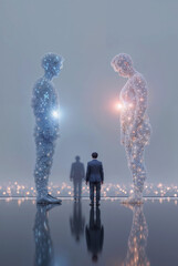 Two People Looking at Giant Glowing Holograms of a Man and Woman, Future Technology and Metaverse Concept