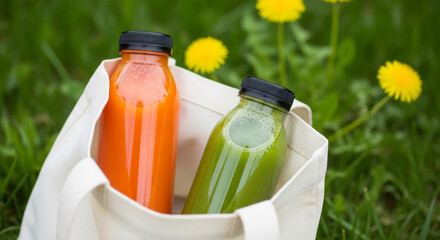 Two bottles of juice, orange and green, in a white tote bag, outdoors on grass with yellow dandelions.  Healthy lifestyle concept