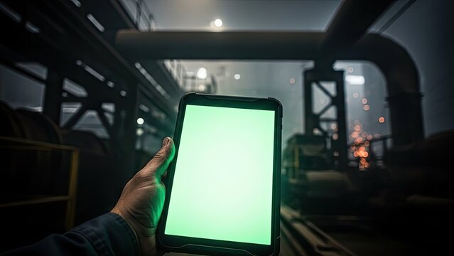 Modern technology meets heavy industry Worker's hand holds a green screen tablet in a dark plant environment - Powered by Adobe