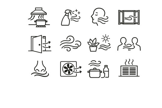 Vector etiquette clean smell open window airflow ventilation icons icon kitchen fresh