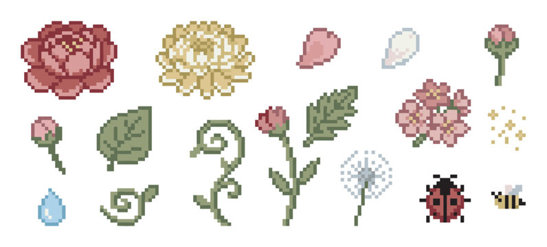 Collection of pixel art garden elements including flowers, insects, leaves, and petals in a cute retro 8-bit style for video game assets or nostalgic digital design