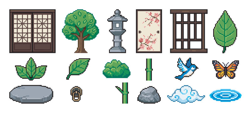Collection of pixel art game sprites featuring traditional Japanese garden elements like a stone lantern, shoji screen, bamboo, and cherry blossom for a retro 8-bit video game