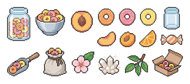 Charming pixel art icon set featuring colorful breakfast cereal, fresh peaches, sweet candy, and natural elements like flowers and crystals in a cute, retro 8-bit video game style