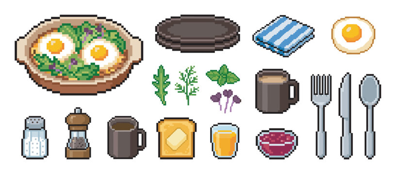 Pixel art breakfast food and drink icons featuring baked eggs, toast with butter, coffee, juice, and cutlery in a retro 8-bit video game style illustration set