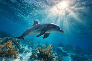 Obraz premium Dolphin Swims Through Clear Water With Coral Reefs and Sun Rays in a Vibrant Marine Environment