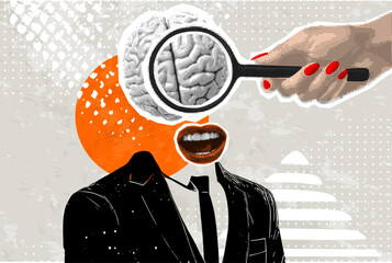 Trendy Halftone Collage with hand holds a magnifying glass and examines an illustration of the brain. This image emphasizes the importance of mental health and brain research.
