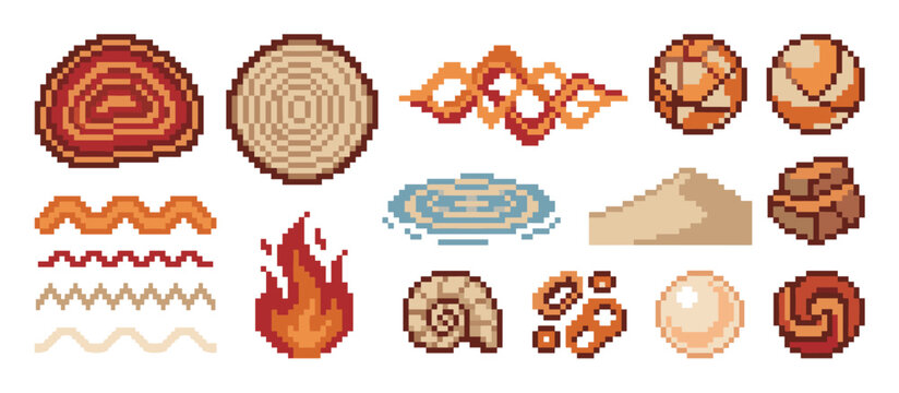 Set of pixel art icons showing natural elements like wood, fire, water, stone, and fossils for a retro video game design, presented as a collection of sprites