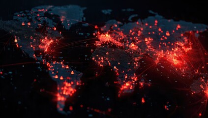 Naklejka premium Glowing red network connections spreading across a dark world map