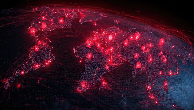 Glowing red network lines connecting glowing nodes across a digital world map