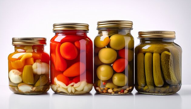 Glass Jars With Homemade Pickled Vegetables Variety Against White Background Food Preserve