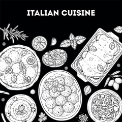Italian cuisine. Italian food top view. Vector drawing illustration. Set of sketches of Italian dishes. Food menu design template. Not AI generated.