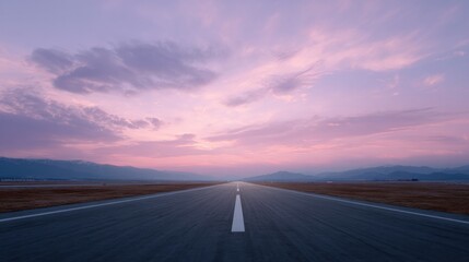 Empty runway with a beautiful sunset in the background. the sky is filled with pink and purple hues, with the sun setting on the horizon and casting a warm glow over the mountains in the distance.