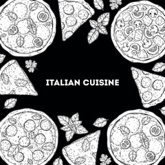Pizza sketch. Italian cuisine. Italian food top view. Vector drawing illustration. Set of sketches of pizza. Food menu design template. Not AI generated.