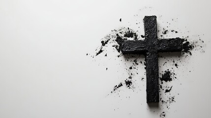 A black cross made of ash on a white background, symbolizing Ash Wednesday and Christian worship
