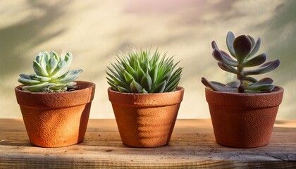 Fototapeta premium Three Succulent Plants In Rustic Terracotta Pots On Sunlit Surface